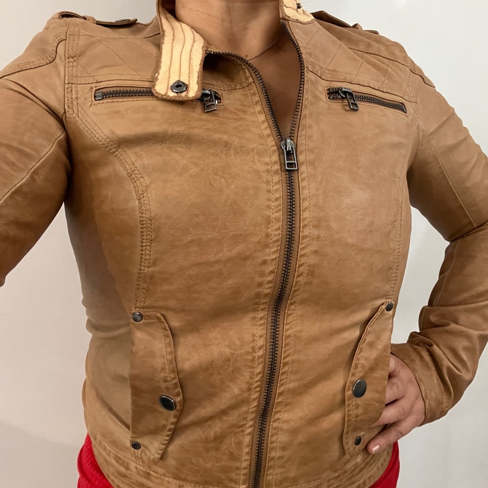 VERO MODA Faux Leather Camel Khaki Moto Jacket Coat Beige Brown Aviator Biker XS